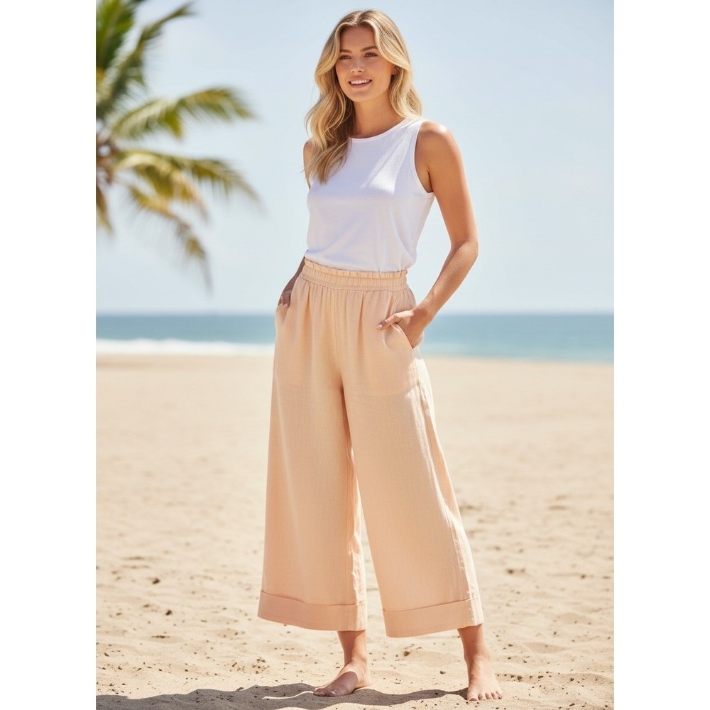 Shore Linen Wide Leg Crop Palazzo Pants Womens L Orange Beach Breathable Summer
